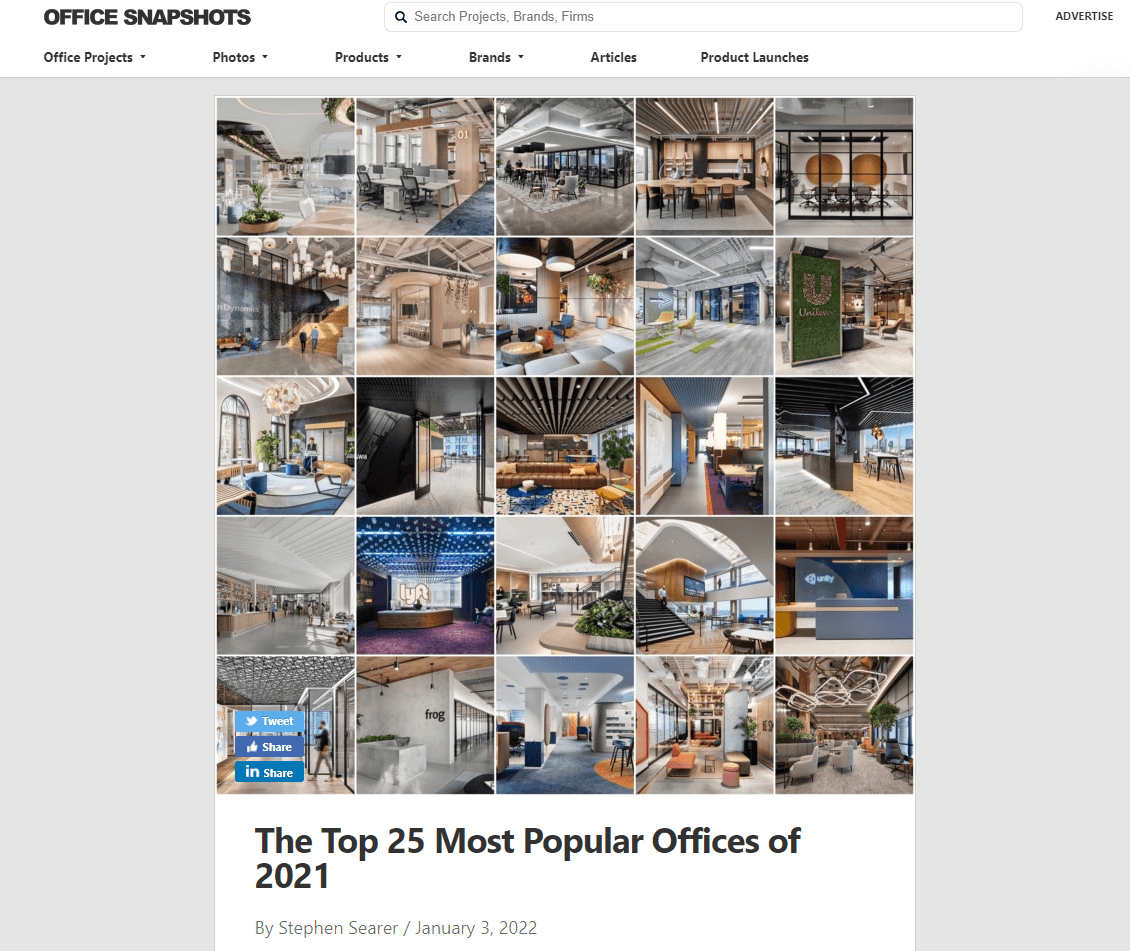 Offices with our systems as the 9th most popular space in the world